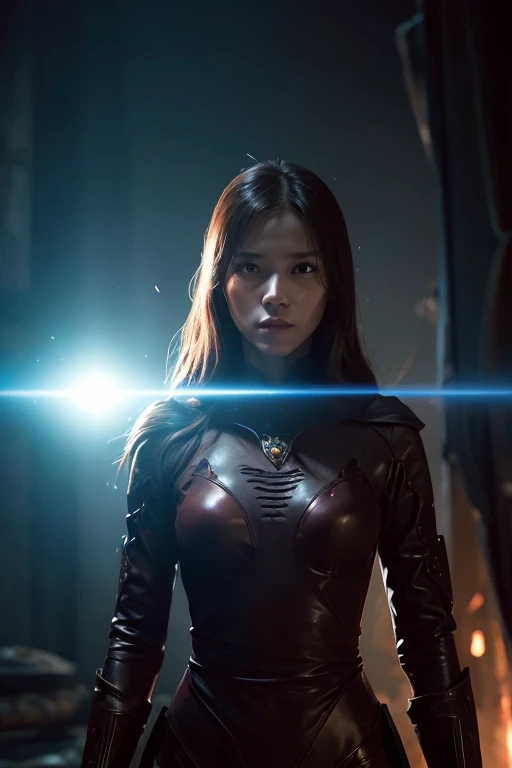 American style，masterpiece, best quality, Surreal, Ultra Detailed, 8K resolution, RAW photos, Clear focus, (1 American superhero), Solitary, Beautiful face, Perfect body, Mature woman，35 years old,  Full body portrait, nano battle suit,  Messy hair, very detailed，Movie, Movie light, Dark theme
