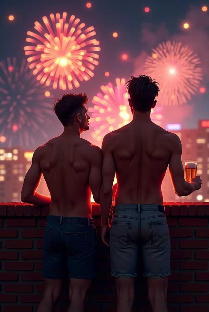 Highest quality、Midsummer evening、Skinhead、Sports haircut、Two muscular men wearing yukata on the veranda、to kiss、Embarrassed face、Pectoralis major、Abdominal muscles、Brown Skin、firework