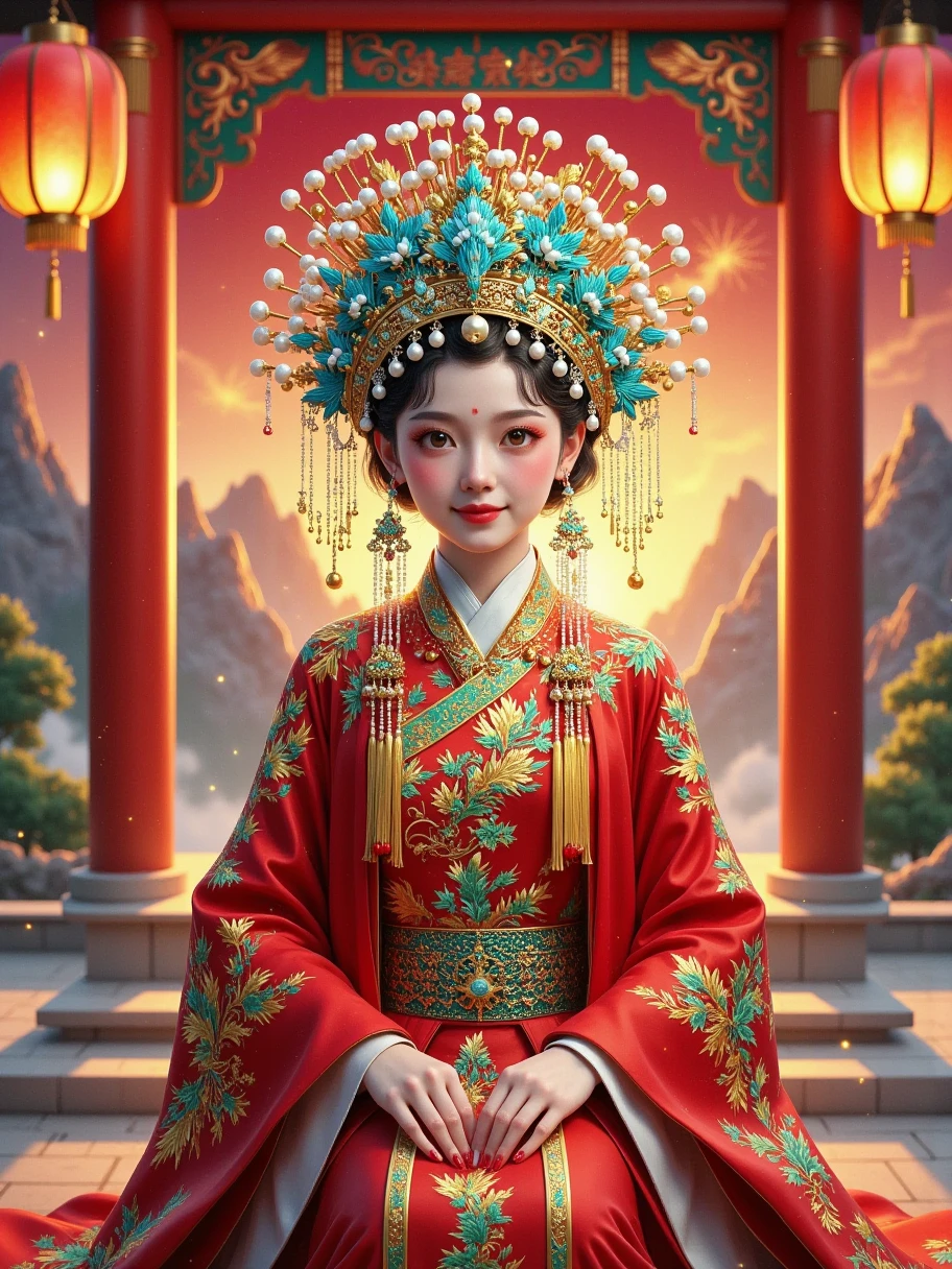 一位身着Elegant clothing的女性，She sits in a beautifully decorated pavilion，The background is mountains and sunset，Quiet and mysterious ， ancient aristocrats，Mythological Characters，Classical Beauty，Warm colors， red、gold、orange color、Blue and green embellishments，Delicate brushstrokes，Rich details，Traditional painting techniques，Smooth lines，Color gradient，Light and shadow processing，Natural light and shadow，Sunset light， Light and Dark Contrast，Central Composition，Anna Dittmann,Monet，Ray Caesar， national scenery ，Three-dimensional ancient style，Game poster，Rembrandt Light，Dark Magic，Ni Chuanjing， mood composition ， line illustration ，Gilded by Time，Pavilion guides the eye，J.m.W. Turner，Mountains and sunset background，Elegant clothing，Exquisite headdress，Sculptured pavilion，Sunset mountains， classical style ，Oriental Aesthetics，Mythological colors，3D Rendering， ray tracing