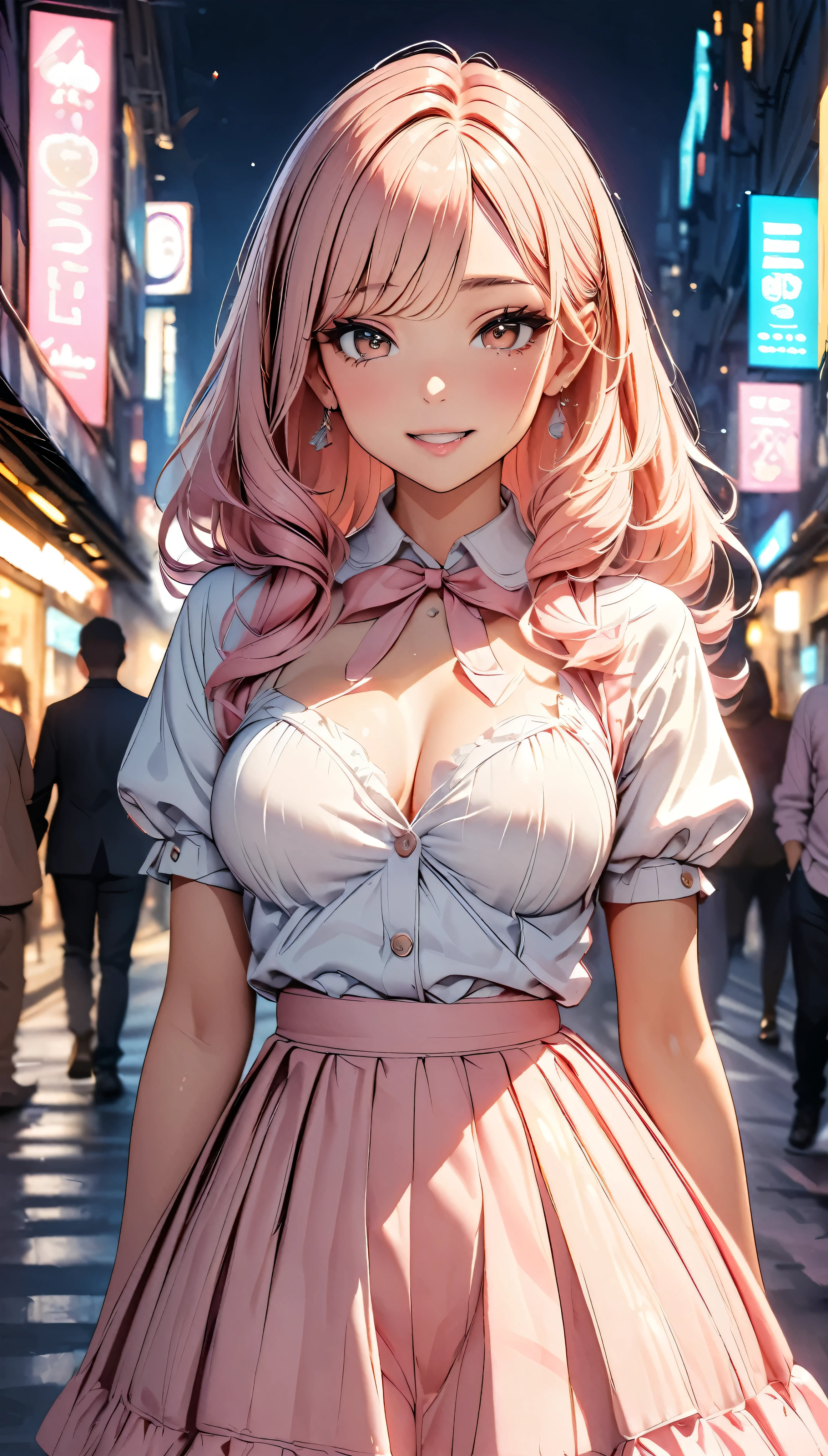 (highest quality, 8k, 4K, High resolution, masterpiece:1.2), Very detailed, Beautiful illustrations, Bright colors, Lens flare, Natural light, one person, woman, Beautiful facial details, Beautiful Eyes, Long eyelashes, Soft lips, (Small face), (Light red hair, Long Hair, Brown eyes), Perfect Face, Shiny skin, (Beautiful breasts), Laughing with your mouth open:1.2, (Lolita Fashion:1.2, pastel colour), (Gazing at the viewer, Cowboy Shot), bustling street, City lights, Light and shadow with attention to detail, Background blur.