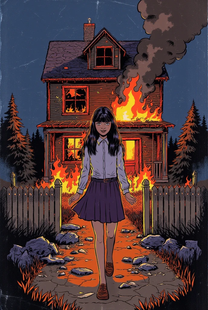 Girl walking away from a creepy house on fire with a smile