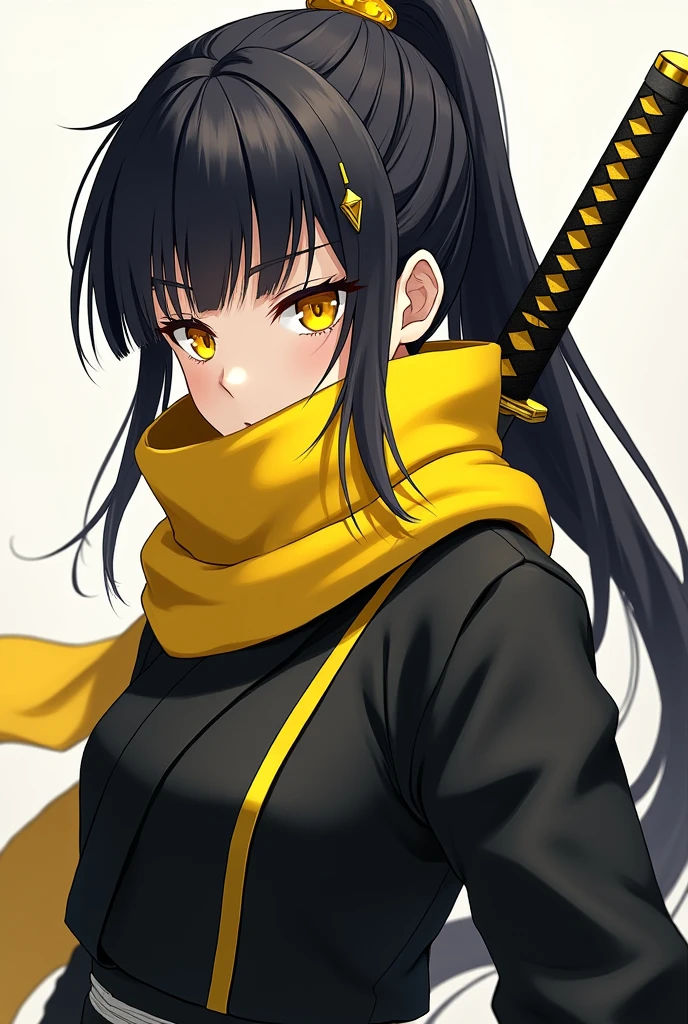 Mature girl, long straight black hair, yellow eyes, black catgirl ears and tail, black kunoichi outfit, holding katana, (medium shot low angle)
