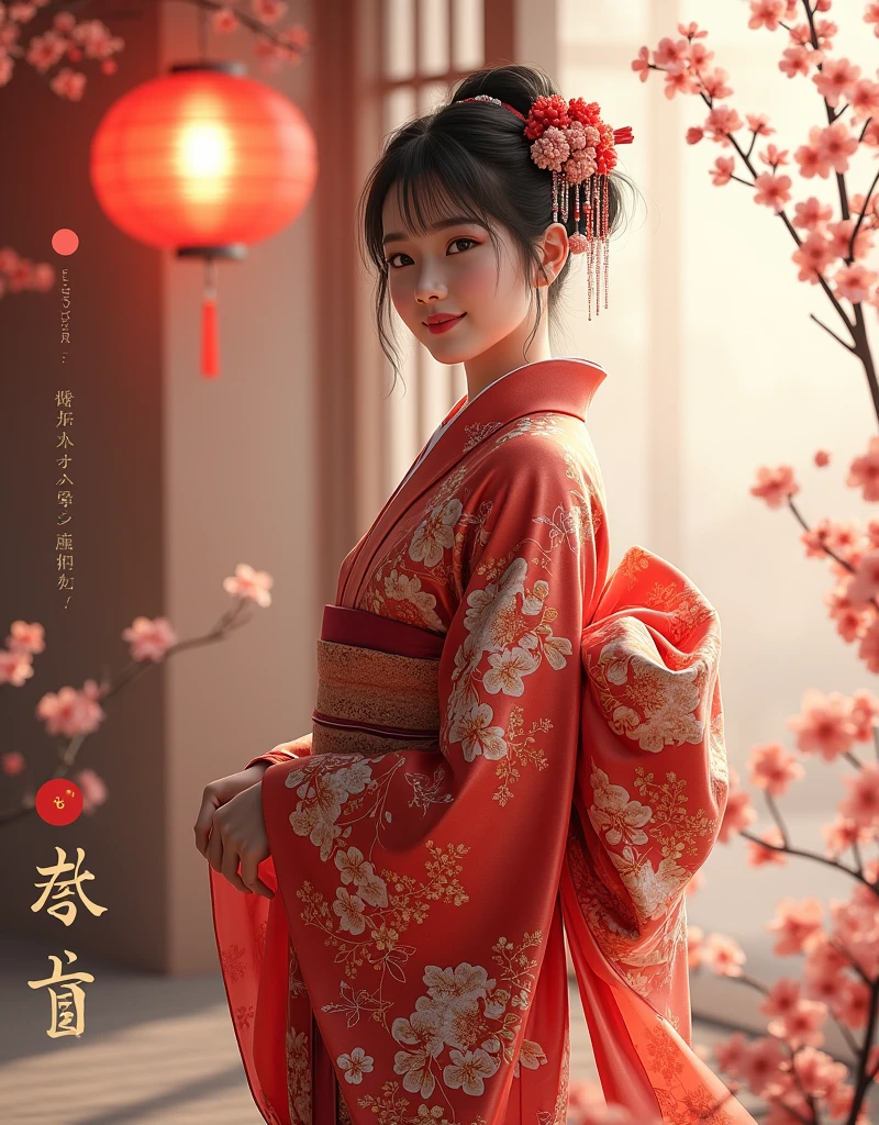  Japanese kimono on the background、((Realistic:1.3))、 happy new year with subtitles、 Japanese 