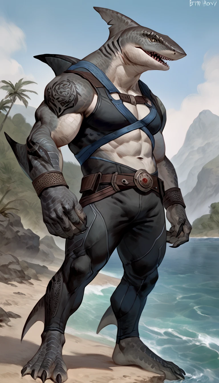 aqua_admin_matt, standing, looking at viewer,rugged body,wide arms,wide shoulders,wide chest,wide legs,wide feet,power body, mountain,sea,waves,((art by takahirosi))