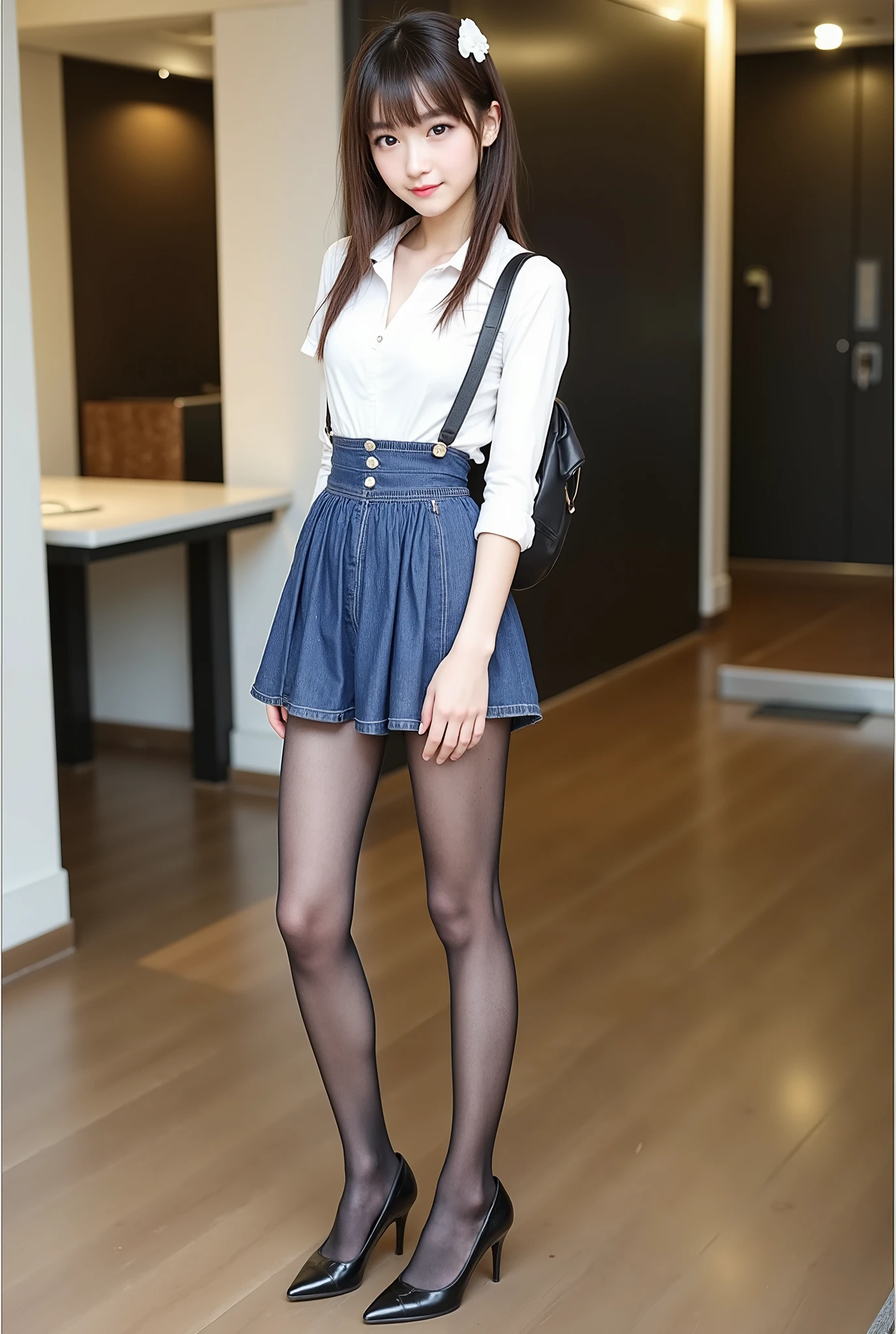（One student 1.5），（true to life，Photorealistic 1.5）,((best qualtiy, 8K, tmasterpiece:1.3)),SLR camera (二重まぶた，largeeyes:1.3),（smile1.5），（Full body photo 1.5）（One person 1.5）Clear focus 1.2, Perfect body beauty:1.4 , Delicate skin1.1，（Short black hair 1.6），（Fashion watch 1.4），（Pure desire 1.3）(Black pantyhose 1.5)（The leg length is one meter two，1.5），White shirt，tiese，denim short，canvas shoe，With earrings，bangle，Billiard Hall