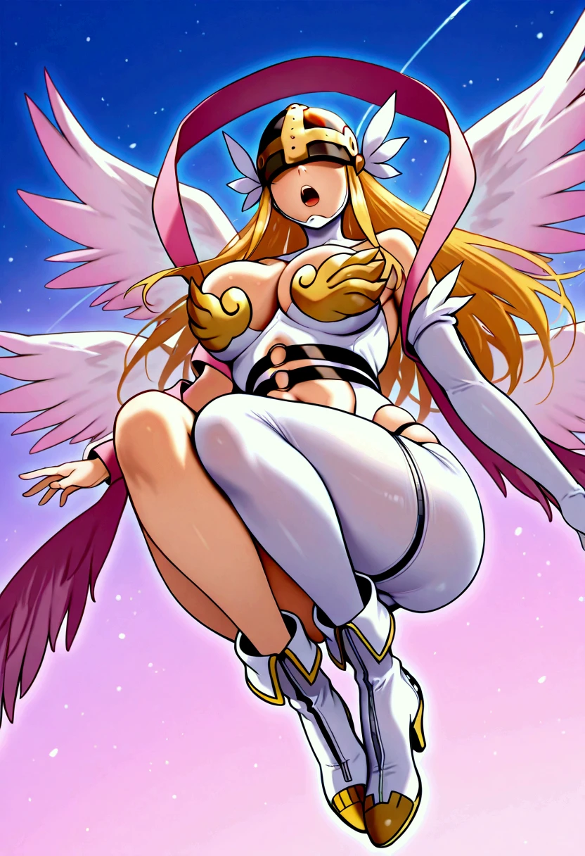 Full body, from below,dynamic pose, realistic, dynamic, Angewomon, blonde long hair, angewomon helmet, Angewomon Outfit precise, big breast, perfect tights, perfect hips, around perfect butt, flying, open mouth, teeth, focus on legs, bright aura, feathers in the air, perfect, harmony, high quality, 8k, realistic digital,perfect scene , Masterpiece, score 9, anime colors, AMERICAN SHOT, beautiful, composition, HARMONY, high quality ,beautiful