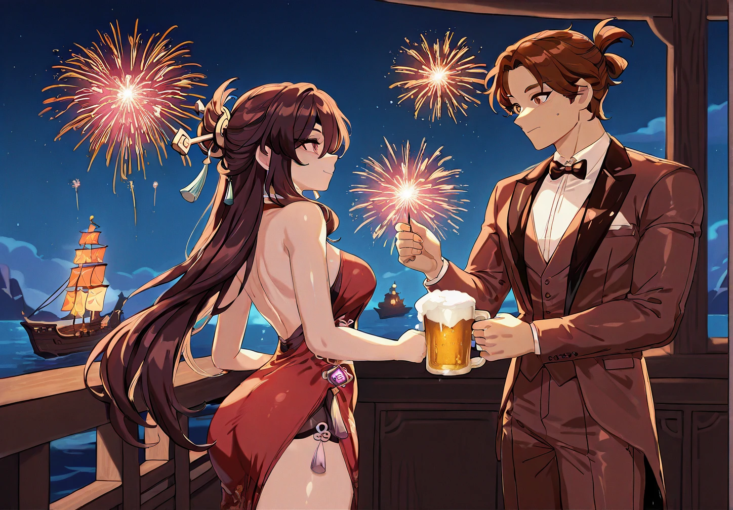 Beidou (genshin impact), gala dress, Ship, night, Bl3th3bn3_Styl3_SK,Beer canisters, Watching the fireworks, 1 girl, Kazuha (genshin impact), elegant suit, duo, 1 boy, 