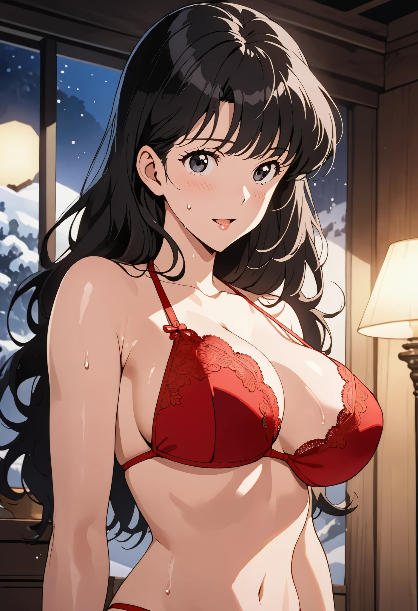 masterpiece, Best Quality, High resolution,16k,official art,super detailed skin,detailed,animated painting, (mine fujiko:1.3),1990s \(style\),(red lace bikini underware:1.3)、(G-cup beautiful breasts)、clevage, (tall:1.3),height: 170cm,Fashion model body type、Sweating all over the body、vapor、Muscular、(sexy),nsfw,Sweaty、Configuration from the front、happy,Ahegao、Anime-style painting style,black hair,long hair,Close up on full body,Cinematic lighting,Superfine,in the room,night,winter,(sexy),extreme closeup