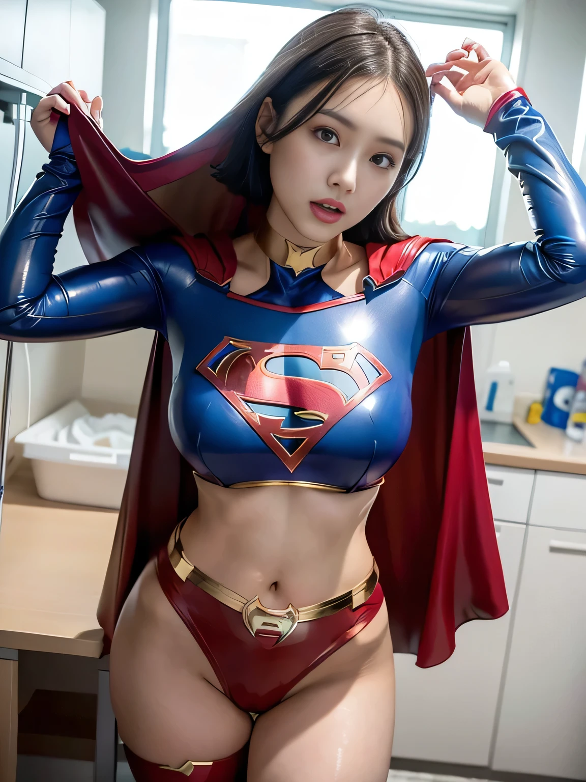 (Supergirl, erotic expression, perfect American goddess girl, incredible beauty, stunning), defined girl body, fair skin, short light hair, green eyes, perfect pretty face, perfect breasts: 1.5, (muscular body: 1, 1), Flexible body, wearing costume ((Supergir)), ((ultra thin swimsuit marked on the intimate body, pubic hair showing, She wears a skirt showing her ultra-thin transparent panties stuck in her pussy)), armor, huge and long breasts sticking out of her clothes, big saggy breasts and long breasts sticking out of her cleavage, she has a very open cleavage showing perfect breasts, hot, sexy perky ass, impressive image, (Erotic Supergirl, panties on the side showing her private parts), depth of field , cinematic lighting, reflected light, best quality, chaotic scene, hard drive, 16k, UHD, anatomically correct, master piece, high quality, High, hard drive, Realistic photo, ultra detailed, ((perfect photo, photo taken from below to top showing the panties tucked under the skirt)), several epic poses focusing on the pussy, foto selfie,