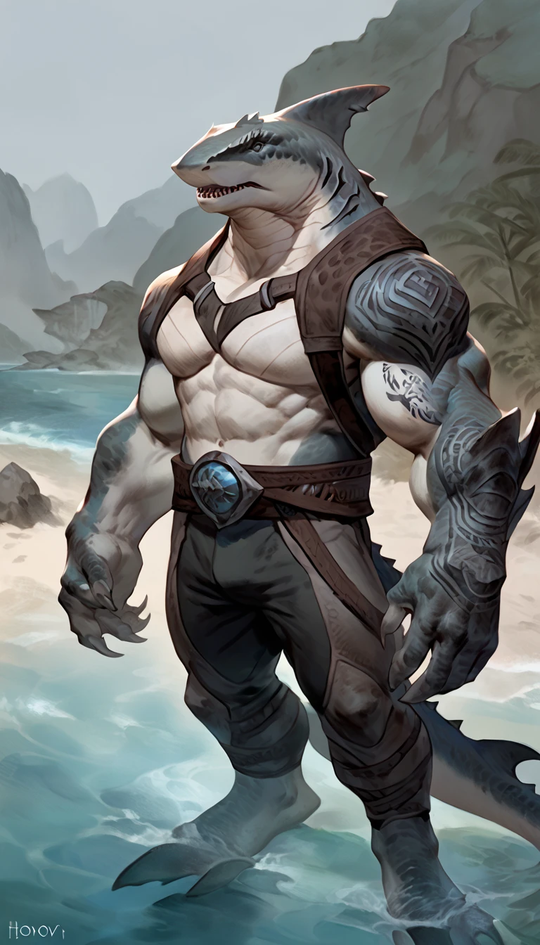 Sharkfolk, bull shark, comic book style, illustration, solo, ferocious, male, standing, mercenary, pants, masterpiece, best art, full body, by laobai, by taran fiddler, by honovy, detailed eyes, detailed body, claws, masculine body shape, fantasy, tall, tight t-shirt, pecs, pants, belts on chest