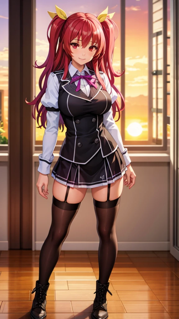 stella vermillion,school uniform,garter straps, black thighhighs with holes, cross-laced footwear, (ulzzang-6500-v1.1:0.4), (pureerosface_v1:0.9), realistic, (photorealistic:1.3),big smile,masterpiece, best quality, highly detailed, in sunset,looking at viewer,large breasts,cosplayer,red eyes,