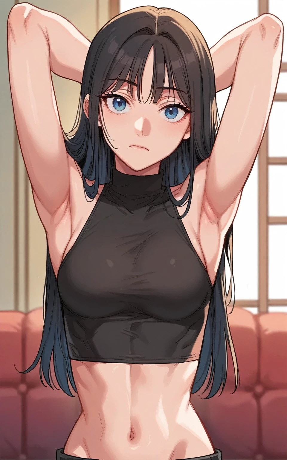 score_9, score_8_up, score_7_up, source_anime, anime screencap, 1girl, solo, kang yuna, long hair, black hair, blue eyes, medium breasts, black shirt, crop top, sleeveless, turtleneck, navel, bare shoulders, bare arms, arms behind head, armpits, looking at viewer, head towards viewer, flat face, closed mouth, badhandv4, indoors