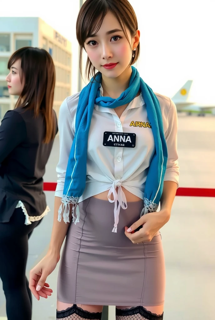 smile、(( Stewart ))、((large airplane ))、((airport))、( realistic 飛行機 in the background)、Thigh-length tights、(( dark blue brother on white shirt,  sky blue scarf around the neck ,  pencil miniskirt ))、( name tag with “ANNA” logo )、 earrings for women with first name、 high resolution、In 8K、  prominent areola 、RAW  photos in anime colorsgraphy、 top quality 、masterpiece、 table top、 erotic,Knee,Small face、Big Breasted ,masterpiece, top quality 、超A  high resolution,RAW  photos in anime colors,only, beautiful,1 person、とても cute、 Japanese women, is standing,（ realistic：1.4）、 photon mapping、 realistic、 cute、  adult female 、物理ベースonlyダリング、 written border depth、  photos in anime colors, girl 、body, beautiful足,  long legs ,Thin legs、 lips, Nose Soft, Kneeが見える、Sparkling Eyes、Glossy lips、 too bright natural light 、 brighter sun 、Too bright sunlight