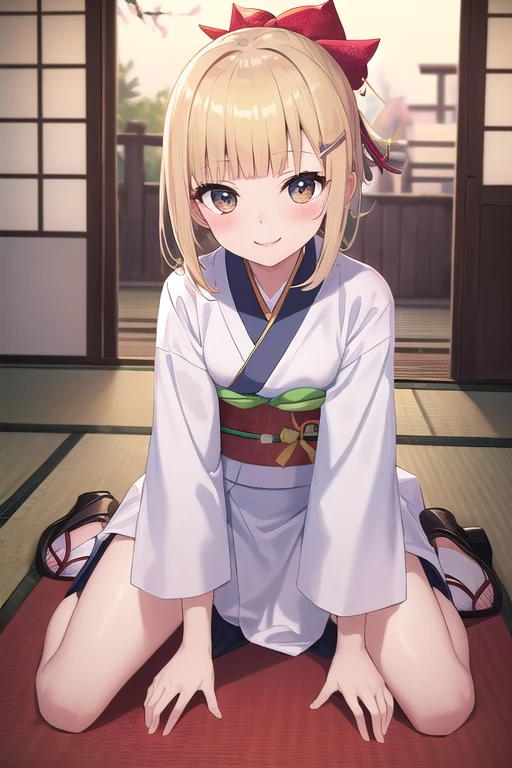 A blonde-haired caucasian queen without panties is standing in a Japanese-style school with tatami mats. no panties, high-socks, reality, masterpieces, cute, beautiful, slender, knee-high socks, Emotionless look on her face, pink panties