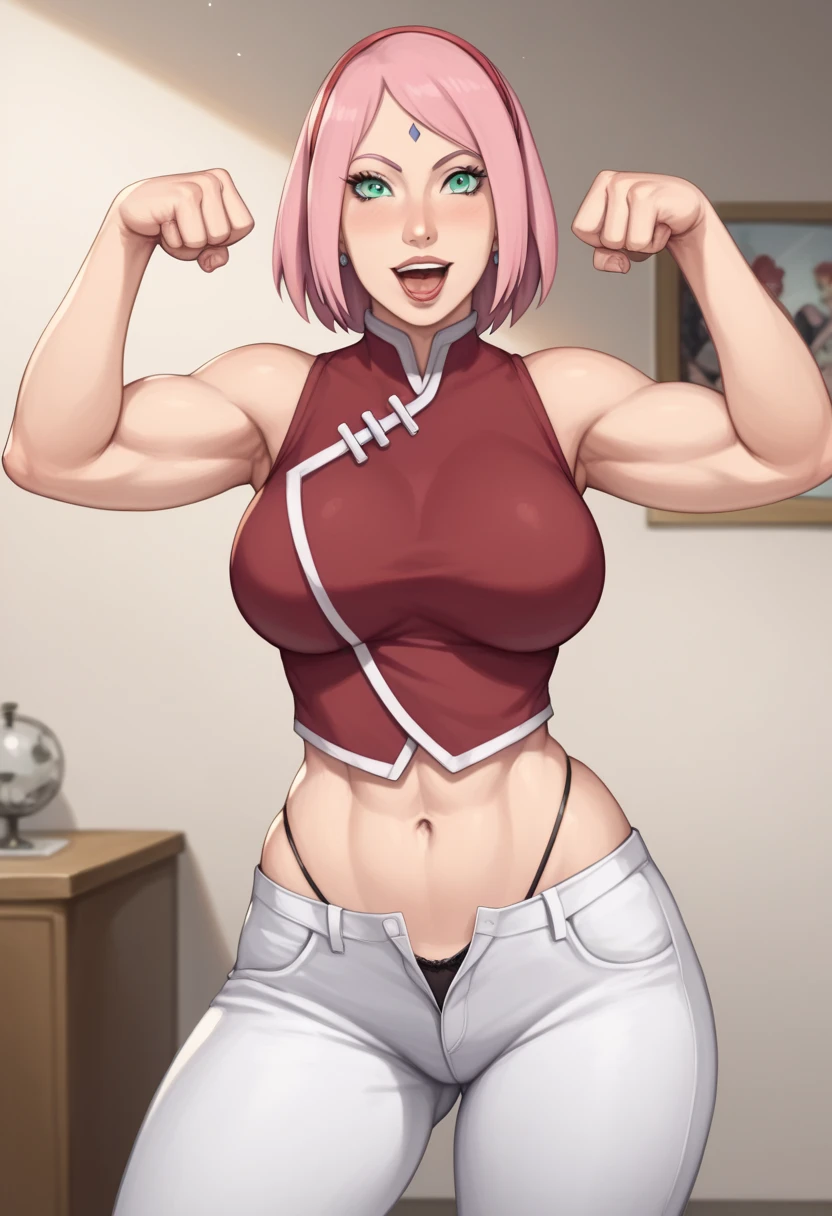 Sakura Haruno short pink hair green eyes short red blouse medium large breasts healed abdomen thick thighs Big white pants glued to the body Sexy black floss panties in front of the mirror taking a photo coxas grande e bunda grande com celular na mão sexy tirando foto fazendo pose sensual na frente do espelho