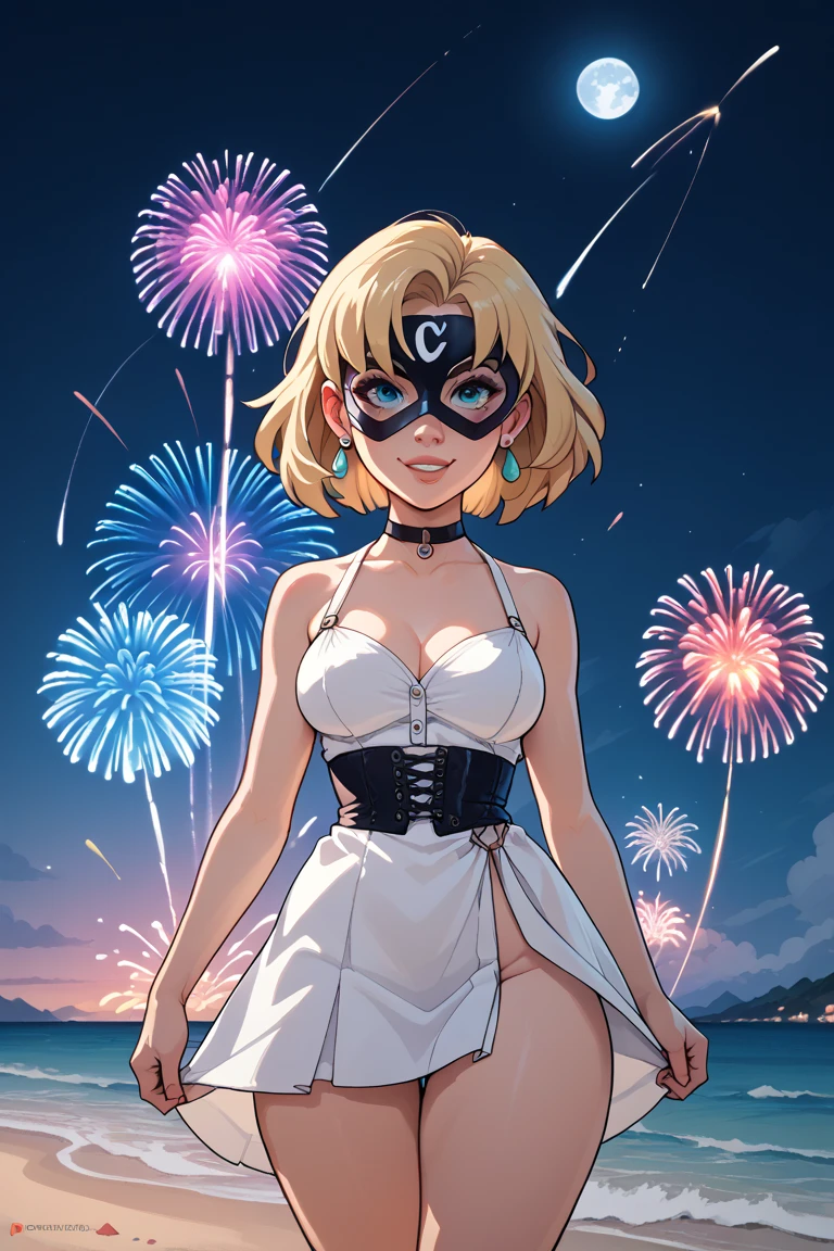 make the Helena Pear movie mask for eyes, big hips big ass on the beach at night full moon cenarion with fireworks in the sky with short white dress pose with one hand on waist and one in hair