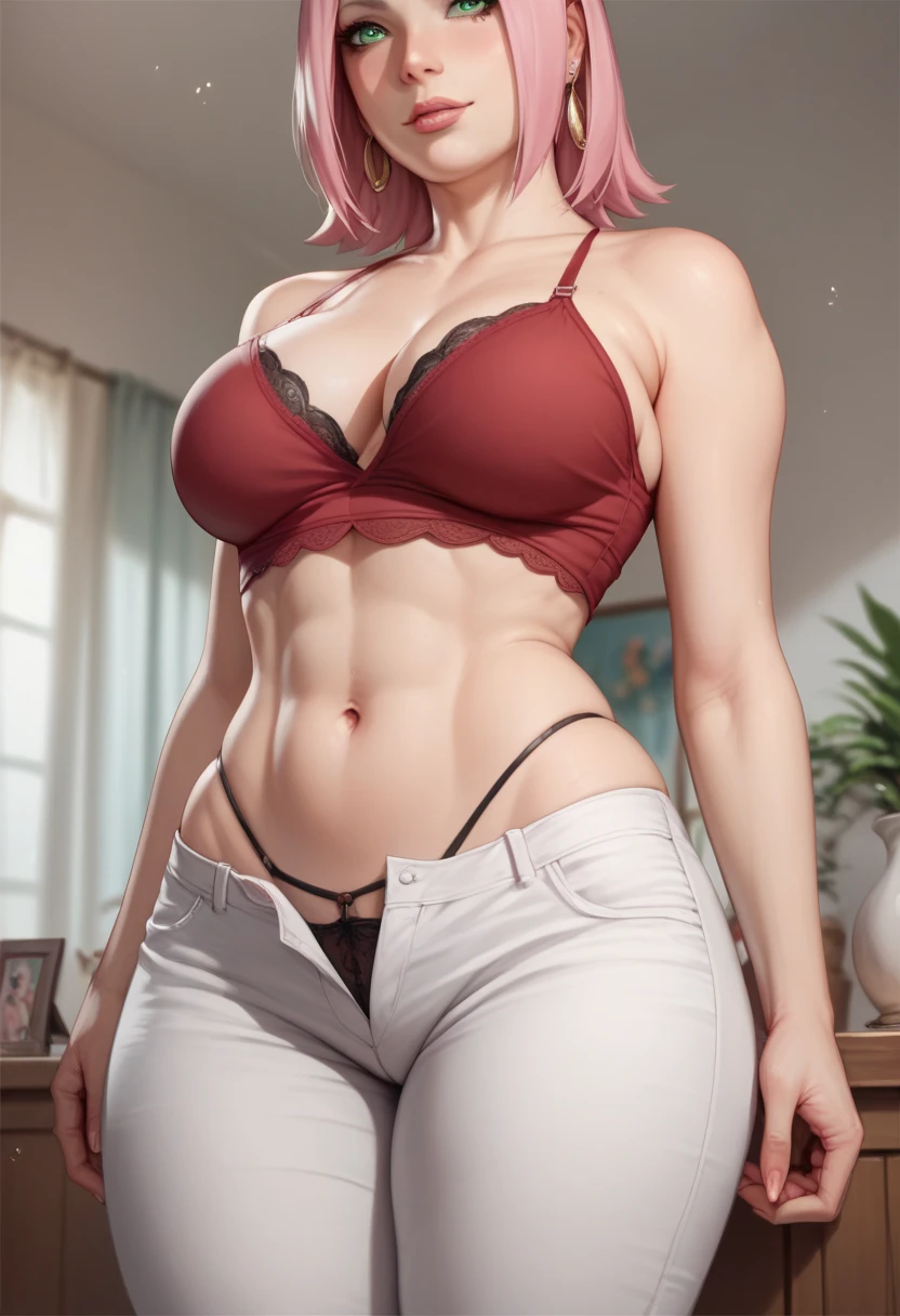 Sakura Haruno short pink hair green eyes short red blouse medium large breasts healed abdomen thick thighs Big white pants glued to the body Sexy black floss panties in front of the mirror taking a photo