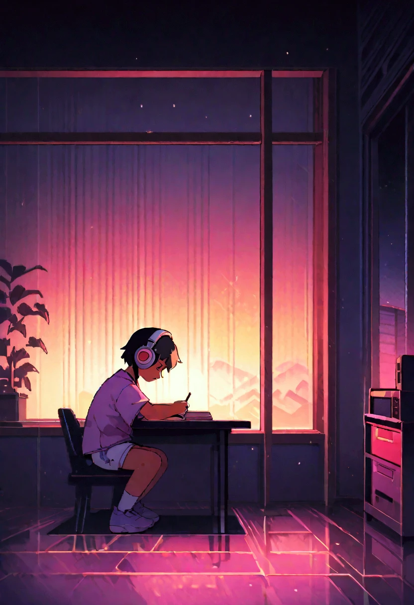 (zero), asian big male teenager wearing diapers studying in room, black hair, brown eyes, Reading a book, Wear headphones, ,night lighting, Neon scenery on a rainy day,Analog Color Theme, Lo-fi Hip Hop , review, flat, 2.5D ,Draw a line, Ink painting, Large slope, Watercolor, Goosh Colors, Studio Ghibli style, Great colorful, Outerton, Synthwave, Lofi Art,90s Style,Old Texture, amplitude,90s vibe, Tabletop, Great technology,