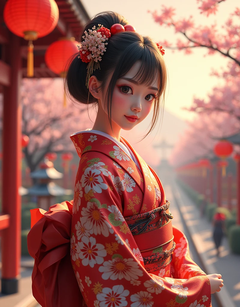  Japanese kimono on the background、((Realistic:1.3))、 happy new year with subtitles、 Japanese 