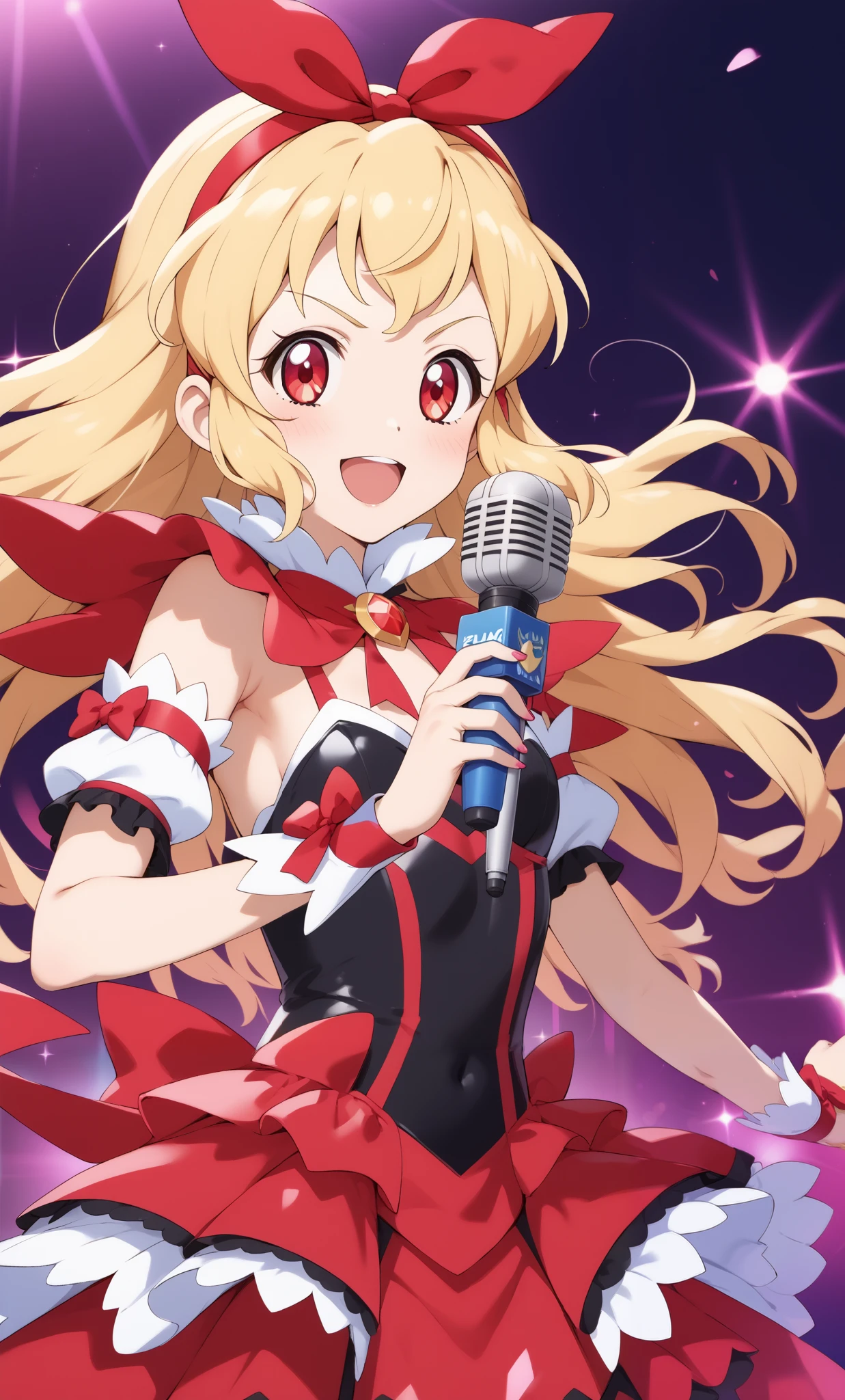 (RED Ribbon on HAIRband:1.2),aikatsu,1 girls,in senki zesshou symphogear style , Blonde hair,Yellow battle suit,BREAK,ultra-definition, high resolution, ultra-detail CG,caustics, Live stage, in front of super large vision, singing, stand microphone ,RED eyes