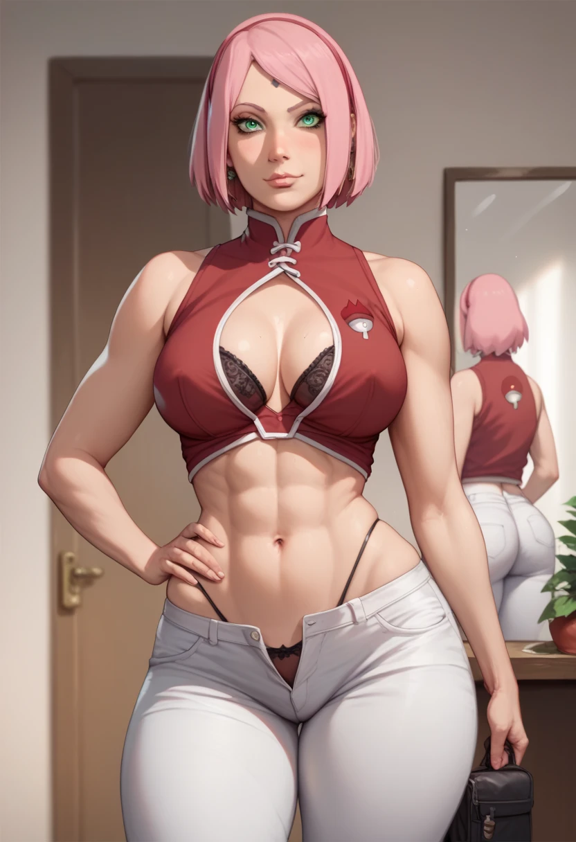 Sakura Haruno short pink hair green eyes short red blouse medium large breasts healed abdomen thick thighs Big white pants glued to the body Sexy black floss panties in front of the mirror taking a photo coxas grossas grande e bunda grande sexy 4D