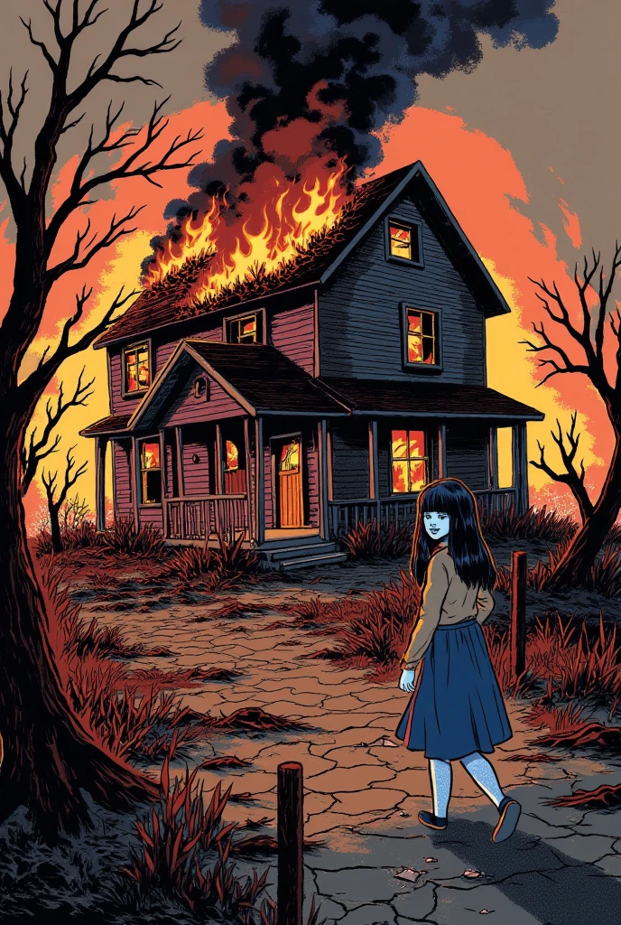 Girl walking away form a creepy house on fire with a smile