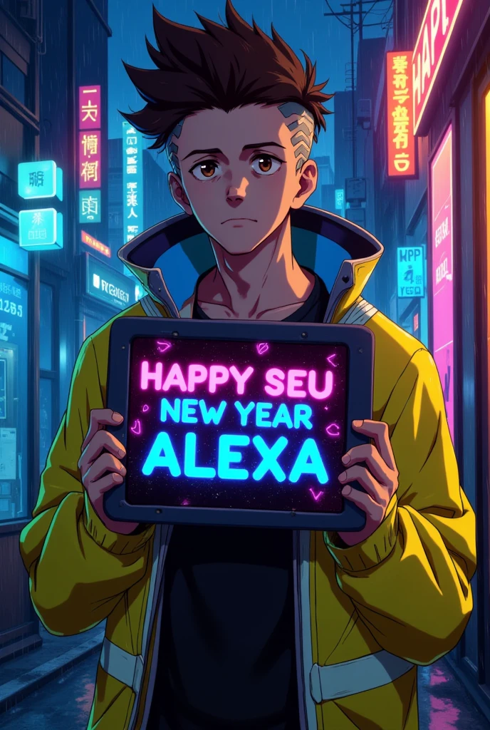  A Young Man, holding an electronic tablet in the middle of her chest that says ( HAPPY NEW YEAR ALEXA  ), in large letters,phosphorescent colors, yellow jacket, cyberpunk city ,  anime style, Evening, rain,  neon lights