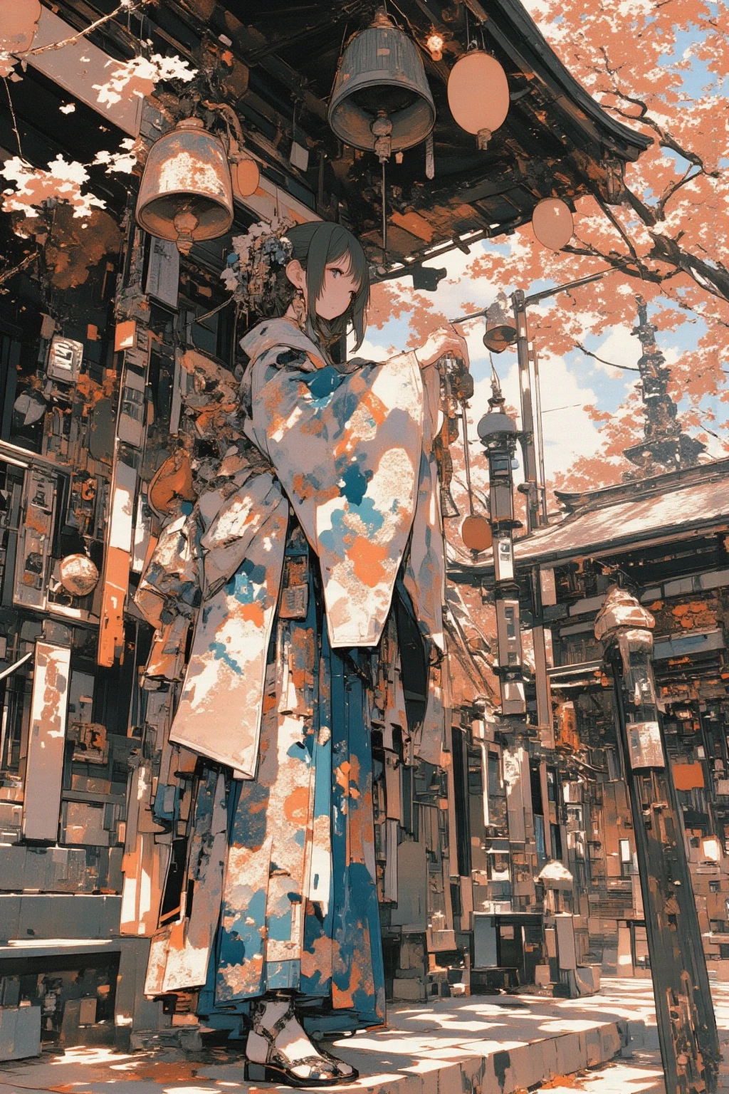  Close up of a woman visiting a shrine for the first time,Long-sleeved kimono,Ultra-realistic composition ,   surreal style  ,  neo-surrealistic    .     digital art   , surrealistic     digital art   work,   Surreal Scene  ,   Made with Surreal Photographs , surreal 3 d render,    Surrealist Conceptual Art    ,   Dreamy Art  ,   Made with Surreal Photographs graphy,   surrealist photography  ,  surreal digital art , alexander jansson style  ,   collage style Jose Baelorza , Collage by Yokoo Tadanori , items floating in the air  、lots of items ,torii,Shimenawa, First Sunrise,Honping bell,Suzuo ,Piece, detail ,  Ultra Fine,  Cowboy Shots, Mount Fuji