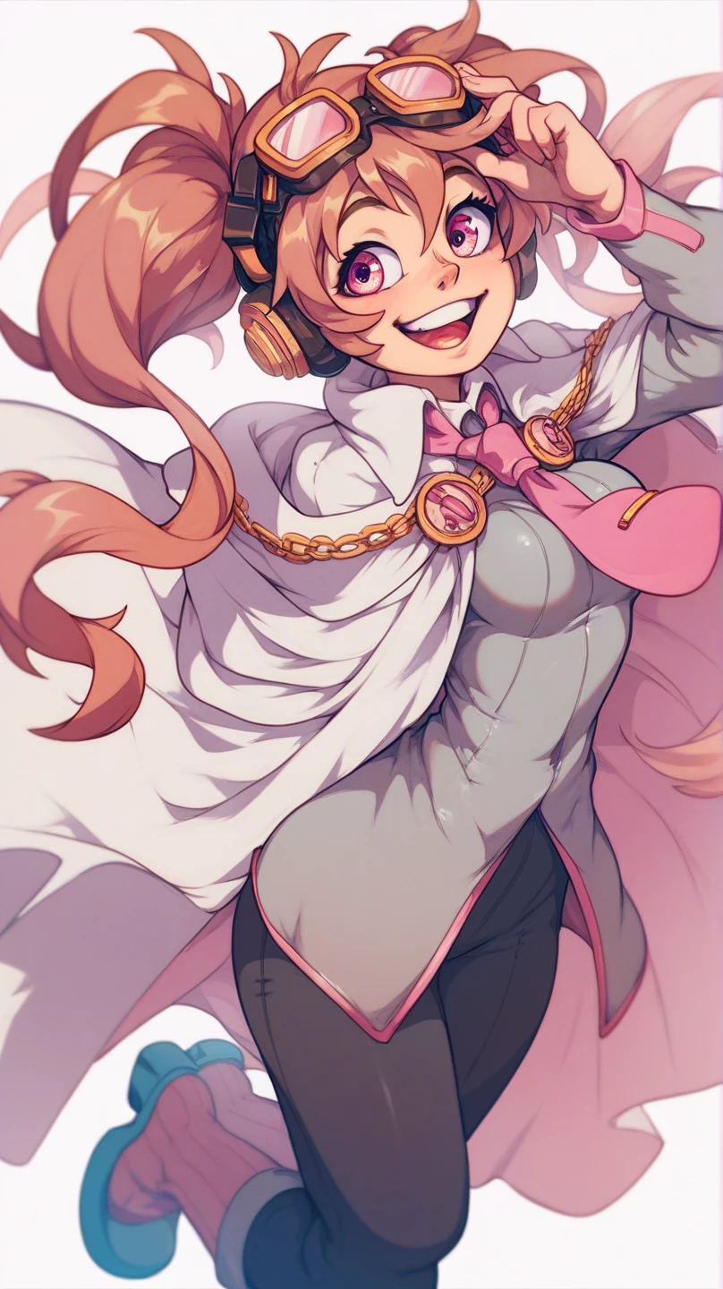 1 woman, pink and white full tight clothing, short white cape, goggles on head, happy expression, brown long hair tails on the sides, pink eyes, hatsunemiku brown hair style, 