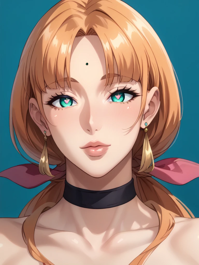 score_9, score_8_up, score_7_up, source_anime, mature female, milf, ayak0, orange hair, long hair, sidelocks, aqua eyes, parted bangs, (mole on forehead, stud earrings), hair ribbon, low ponytail, black choker, face focus, aqua background, heart-shaped pupils, symbol-shaped pupils