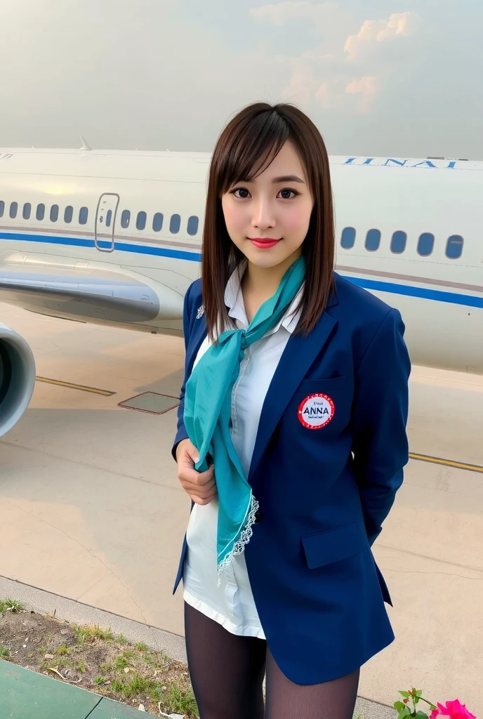 smile、(( Stewart ))、((large airplane ))、((airport))、( realistic plane in the background)、Thigh-length tights、(( dark blue blazer on white shirt,  sky blue silk scarf around the neck ,  mini pencilskirt ))、( 左胸にname tag with “ANNA” logo )、 earrings for women with first name、 high resolution、in 8K、  prominent areola 、RAW  photos in anime colorsgraphy、 top quality 、masterpiece、 table top、 erotic,Knee,Small face、Big Breasted ,masterpiece, top quality 、超A  high resolution,RAW  photos in anime colors,only, beautiful,1 person、 very cute 、 Japanese women, is standing,（ realistic：1.4）、 photon mapping、 realistic、 cute、  adult female 、physics-based only dulling、 written border depth、  photos in anime colors, girl 、body, Beautiful feet,  long legs ,Thin legs、 lips, Nose Soft, I can see the knee、Sparkling Eyes、Glossy lips、 too bright natural light 、 brighter sun 、Too bright sunlight