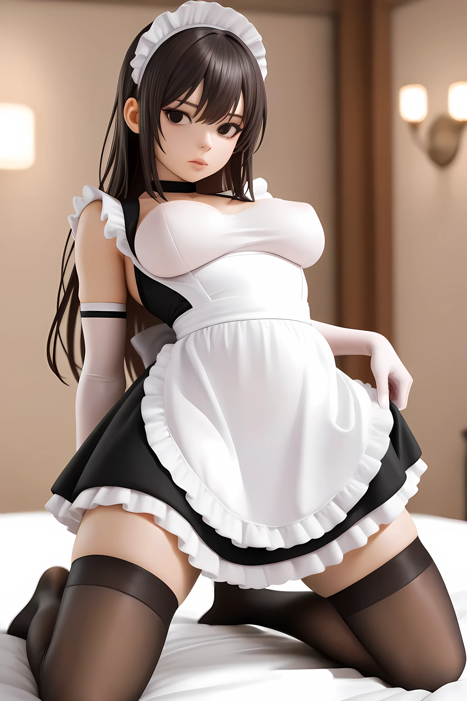  A girl,  medium breasts, Japanese smelly eyes, fringe,  elbow length gloves,  knee-high socks, Realistic lights,  detailed eyes ,  Athletic body, Short Ciano maid dress wearing,  big boobs,  long hair,  thick legs , short woman ,  Sensual Pose, art with outline,  open legs , close, View under the dress, kneeling, close up of breasts 