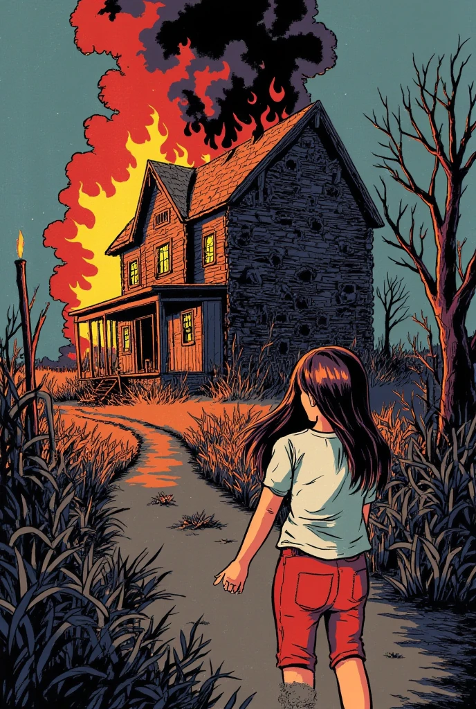 Girl walking away form a creepy house on fire with a smile