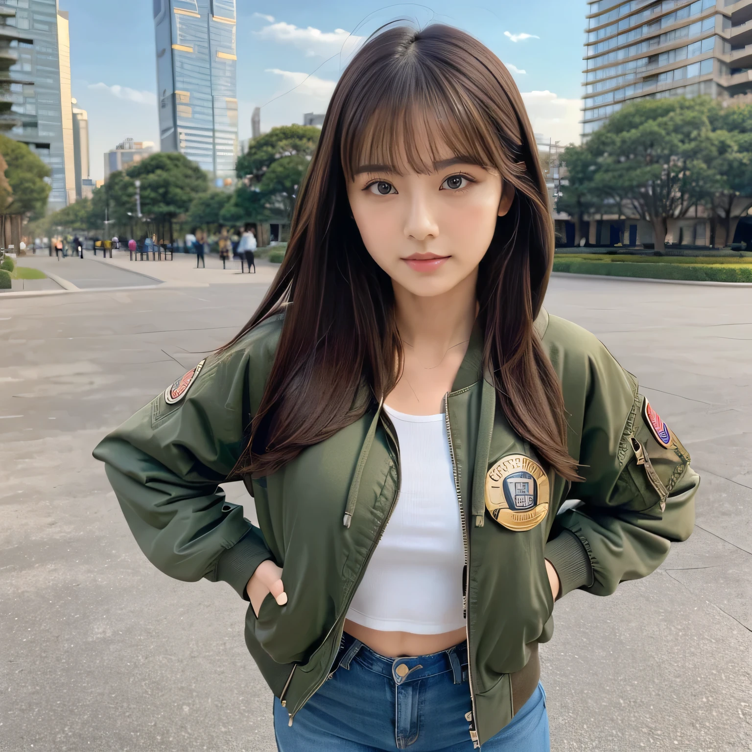 ( calm and gentle expression:1.0), ( Full Body Shots :1.3), ( Panorama :1.0),  movie lighting, (( top quality )), ( RAW photos ,  top quality ), (  realistic:1.4),  realism, masterpiece,  very delicate and beautiful ,  very detailed, 4k wallpaper,  amazing on the beach, finely,  very detailed CG unity 8k wallpaper,  very detailed,  high res,  soft light ,  Japanese, (one shot:1.9), (22 years old:1.6), (Round face:1.2), (Fat:0.8), ( very neat woman, A very pure woman:1.5),  Beautifully Detailed Woman , with famous Japanese actresses ,  detailed face , finelyて美しい目,  very detailedな目と顔,  Beautiful eyes and a beautifully detailed nose ,  ultra-high definition shiny lips , ( straight hair:1.4),  shiny hair, Shiny Hair,  brown hair, (bangs:1.4),  toned body , ( since age 27:1.4),  glossy and moisturized lips ,  natural makeup , ( Military Jacket ,  wearing a bomber jacket:1.3), ( hoodie:1.3), (tight jeans 1 .3), (pumps:1.4), (Skyscraper district, urban park background:1.5), 