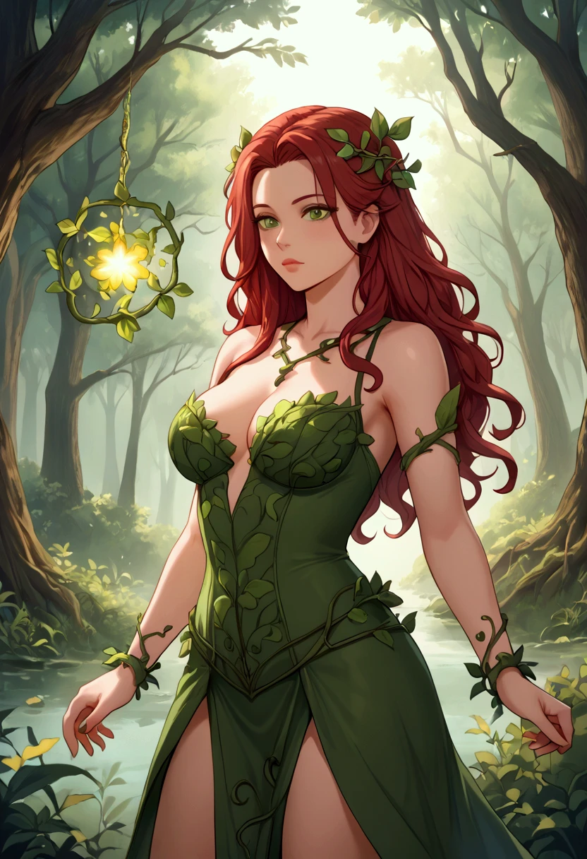 Anime of a woman with red hair and green leaves on her body, goddess of nature, poison ivy, nature goddess, queen of nature ,driade , flowers, high quality , poison ivy from batman, red haired goddess, fey queen of the summer forest, goddess of the forest, covered in leaves, detailed fanart , big breasts , naked breasts , niplles
