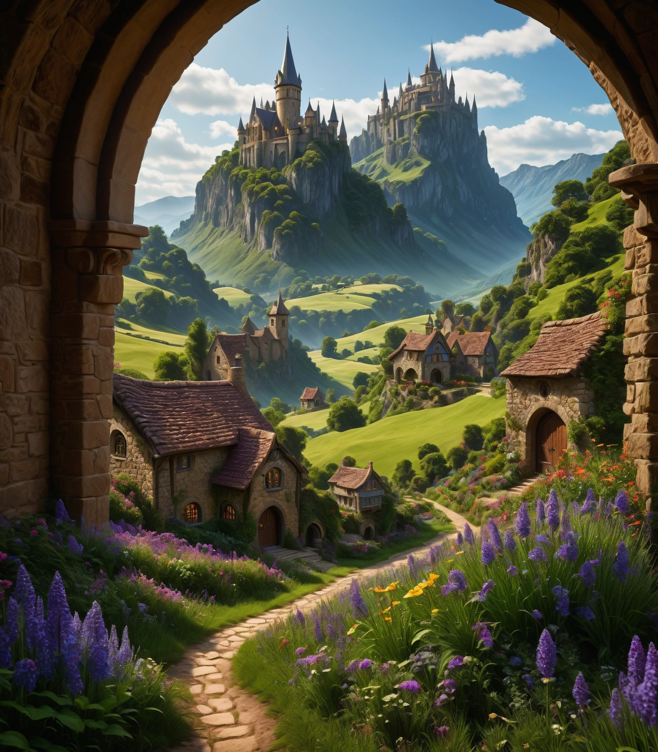 ((masterpiece, hyper realistic,32k,extremely detailed CG unity 8k, best quality, realistic face, solo, canon50, photorealistic, concept art, intricate details, highly detailed, octane render, unreal engine, fantastic-art)) Landscape, (medieval meadow in background:1.2), lavender flowers growing on the meadow, mountains in the distance, Sally Mann, HDR, (masterpiece:1.3), at the steampunk world fair, village, analog, caves, (masterpiece:1.2), athletic face, blue butterfly, sky, Vincent Callebaut, (low key), artstation, film grainy, representational, Depth of Field, (Antonio Moro), color, soft lighting, side view:1, by Greg Rutkowski, ((meadow:1.5), (majestic mountain:1.5), ((flowers:1.5)) ((dawn:2)), fire light through the window