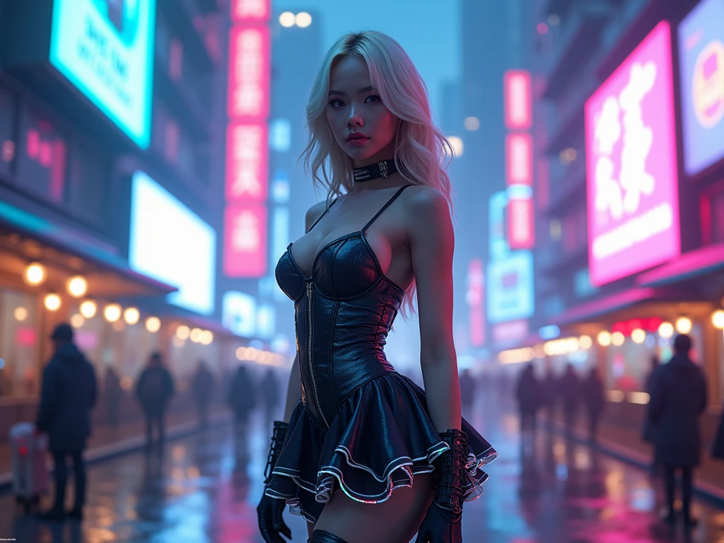 (Wide angle view). Blade Runner style futuristic city, simple outlined transparent neon tall buildings, glowing giant clock tower, flying cars, helicopter, lightning, 3D rendering Beeple. At night, (1girl, solo, alone), photorealistic, medium-breast slim:0.6 body, oval:0.6 face, cleavage:1.1, sexy black laced bra, glove, deep-V, (very low angle view of miniskirt), white laced panty, coat, (Matrix style black micro sunglasses), ((aiming viewer with a short gun)), (running pose), (half-body thigh level close-up shot), cinematic lighting, ray tracing.