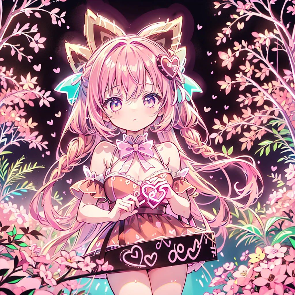 1girl,Chibi、 best details、 cute、 neon color gradation hair color 、 pink and brown dress 、 Heart Chocolate、Valentine、 fantasy、 absurd、 neon light enhances cuteness 、世界一 cute絵、Valentineday、 Cowboy Shots、Big pink ribbon at the corner of campus、Box of chocolates 、 present、 Make a Heart with Your Hands