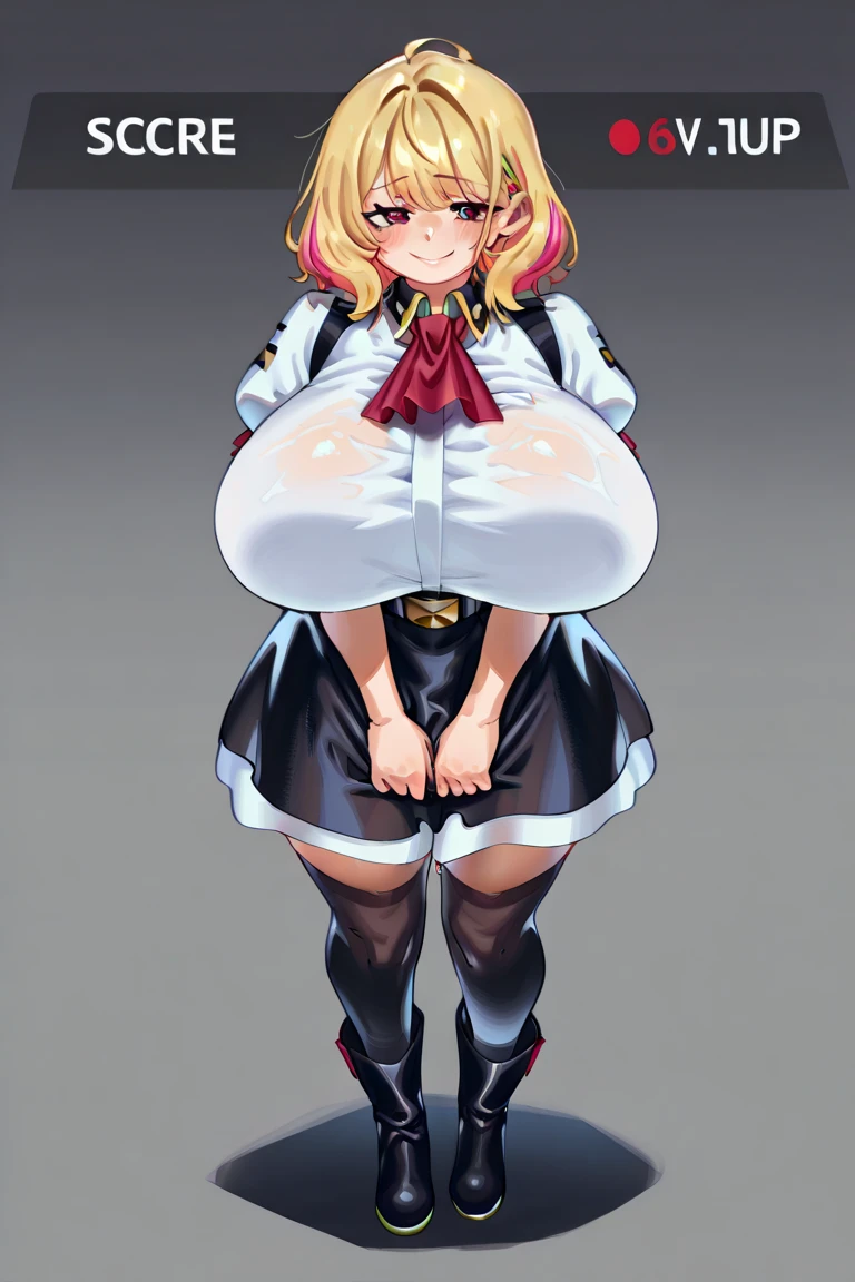 score_9, score_8_up, score_7_up, high detailed, high quality, masterpiece, no text, quality highlights, (masterpiece, best quality,very aesthetic), by Eigaka
1girl, masterpiece, beautiful, lovely ,white wet dress,shy smile, (huge breast:1.4),bangs, red ascot, puffy sleeves, short sleeves, belt, high-waist black skirt, black thighhighs, low boots