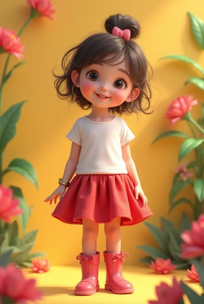 Une girl enfants elle à 5 ans elle à un t-shirt blanc une jupe rouge et des botte rose
