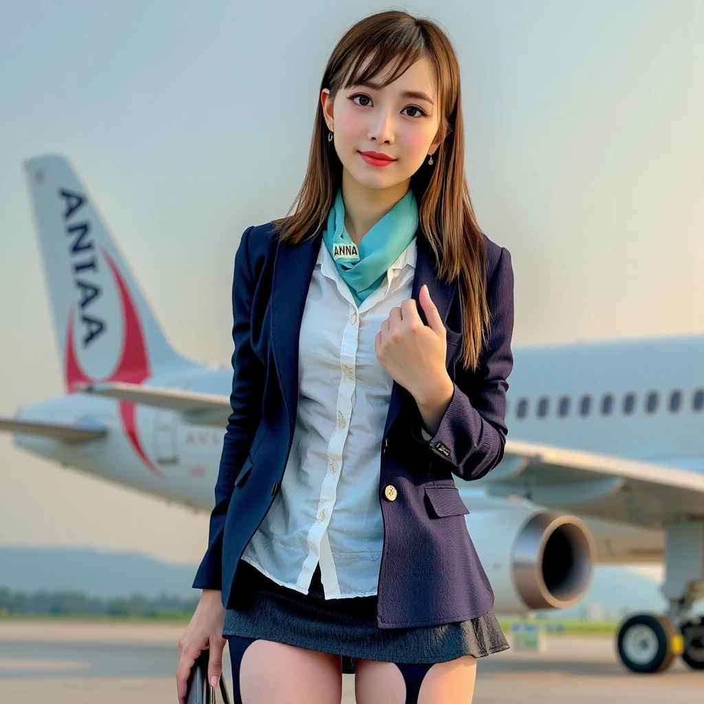 smile、(( Stewart ))、((large airplane ))、((airport))、( realistic plane in the background)、Thigh-length tights、(( dark blue blazer on white shirt,  sky blue silk scarf around the neck ,  mini pencil-skirt ))、(name tag with “ANNA” logo On the left chest)、 earring、 high resolution、in 8K、  prominent areola 、RAW  photos in anime colors graphs、 top quality 、masterpiece、 table top、 erotic,Knee,Small face、Big Breasted ,masterpiece, top quality 、超A  high resolution,RAW  photos in anime colors, beautiful,1 person、 very cute、 Japanese women, is standing,（ realistic：1.4）、 photon mapping、 realistic、 cute、  adult female、 written border depth、  photos in anime colors, girl 、body, Beautiful feet,  long legs ,Thin legs、 lips, Nose Soft, I can see your thighs、Sparkling Eyes、Glossy lips、 too bright natural light 、 brighter sun 、Too bright sunlight