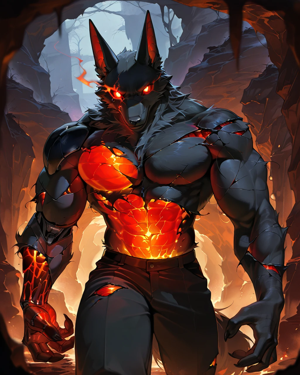 Best Quality, masterpiece, Ultra High Resolution, Detailed Background, (furry male), ( Black Jackal furry ), metalic body, demonic, underground cave scenery, red glowing eyes, two pair of eyes, Anubis, muscle, (damaged belly:1.2, cracked arms:1.2), cracked chest, solo, male, infernal runes, with black fur, mechanical body, perfect proportion, good anatomy, perfect anatomy