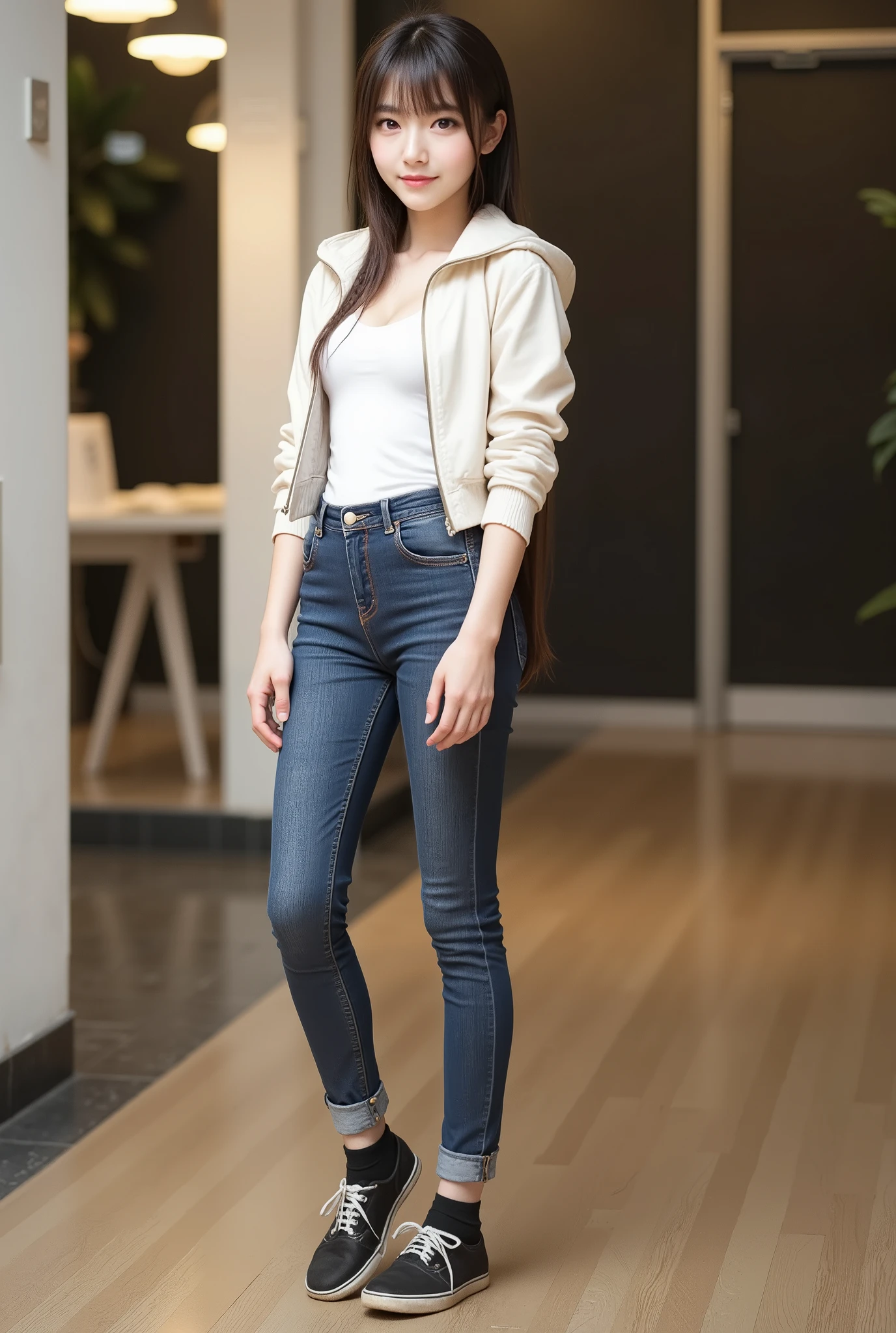 upper real , photorealistic , she looks very happy 、 Global Pi Illuminations , alone, (Teenage Japanese Girl:1.5), very beautiful and delicate Japanese girl , black hair、Hairstyle braids、very beautiful、 smile 、hat、 Down Jacket、 long sleeve blouse 、 pants style 、 skinny denim、socks、 sneakers、facing forward, full body photo ,