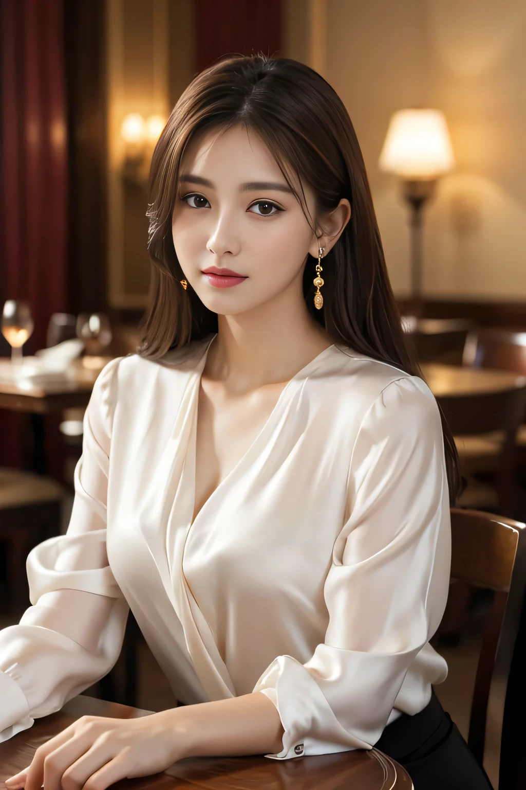 masterpiece, highest quality, Realistic, Very detailed, Finer details, High resolution, 8k wallpaper, One beautiful woman, Wear an elegant white see-through blouse, In a great restaurant, At night, Light brown, messy, medium-long hair, Perfect dynamic composition, Beautiful and beautiful eyes、Big earrings、Sitting in a chair、