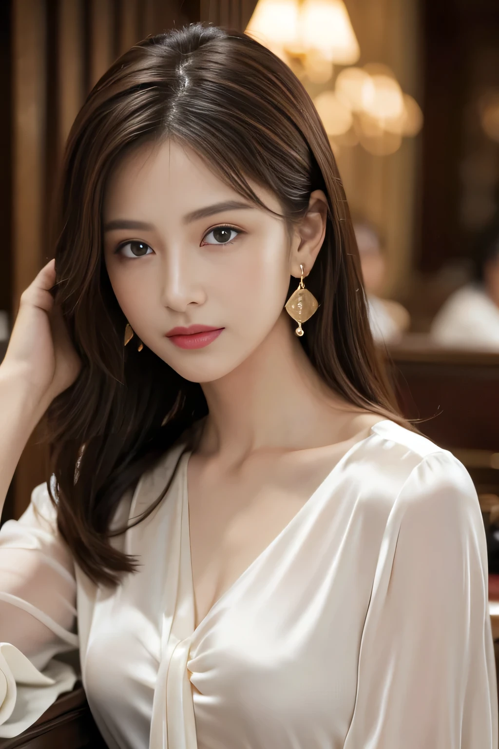 masterpiece, Highest quality, Realistic, Very detailed, Finer details, High resolution, 8k wallpaper, One beautiful woman, Wear an elegant see-through shirt, In a great restaurant, At night, Light brown messy hair, Perfect dynamic composition, Beautiful and beautiful eyes、Big earrings、Sit on a chair、
