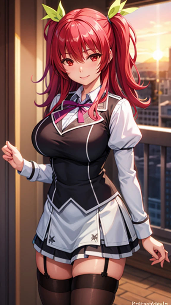 stella vermillion,school uniform,garter straps, black thighhighs with holes, cross-laced footwear, (ulzzang-6500-v1.1:0.4), (pureerosface_v1:0.9), realistic, (photorealistic:1.3),big smile,masterpiece, best quality, highly detailed, in sunset,looking at viewer,large breasts,cosplayer,red eyes,