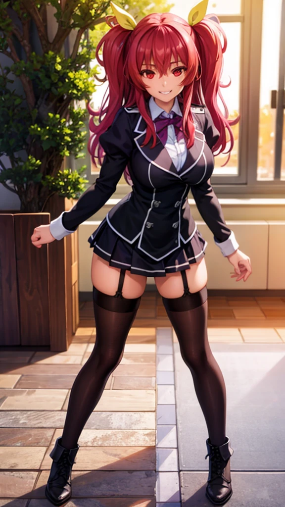 stella vermillion,school uniform,garter straps, black thighhighs with holes, cross-laced footwear, (ulzzang-6500-v1.1:0.4), (pureerosface_v1:0.9), realistic, (photorealistic:1.3),big smile,masterpiece, best quality, highly detailed, in sunset,looking at viewer,large breasts,cosplayer,red eyes,