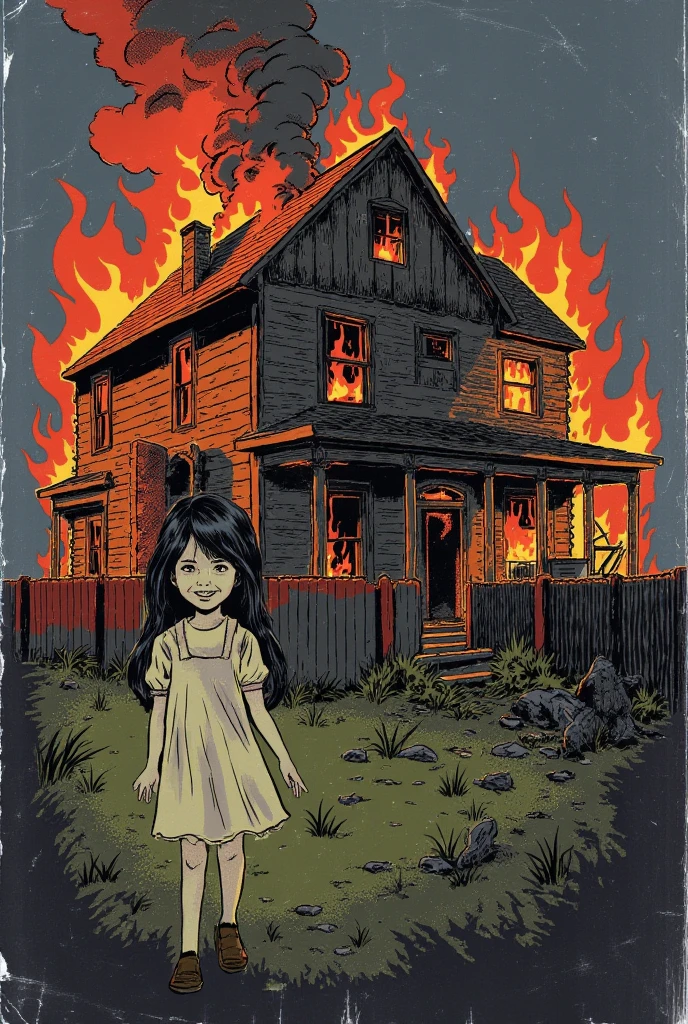 Girl walking away from a creepy house on fire smiling