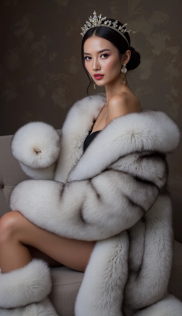 Beautiful chinese woman, wearin a silver fur coat, sit on the fur couch, wearing fur tiara, leg wraped with silver fur stole, have big single fox fur tail coiling in front of fur couch