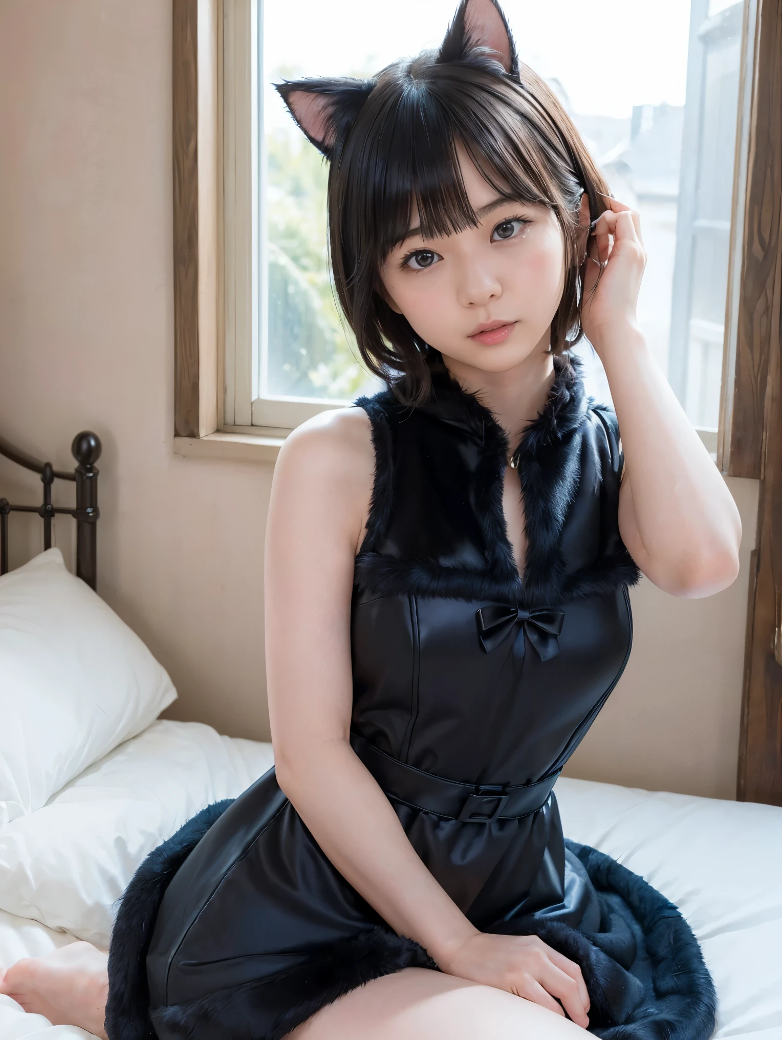 8k、 High Quality 、 super detailed 、 short hair with bangs 、( cute、 beautiful、 beautiful:1.5),(bedroom:1.3)、slouch、((( Put Your Hands Behind Your Head 、 beautiful脇が見える:1.5))),((( black costume、fur dress、Cat ears:1.4)))、(24 year old  cute )、((( sits on the bed 、seiza、 open legs)))、 beautiful足、Gentle lighting、A face that feels、 beautiful、((１people))、(( cute sexy pose))、Photo、 realistic、(((緻密で beautiful目、緻密で beautiful手、 super detailed な手))), hyperrealism、 High Contrast 、Max image 、top quality、Small details、Very politely, beautiful女性,I have a high resolution face 、 realistic、 beautiful女性,I have a high resolution face 、20 years old, detailed facial features